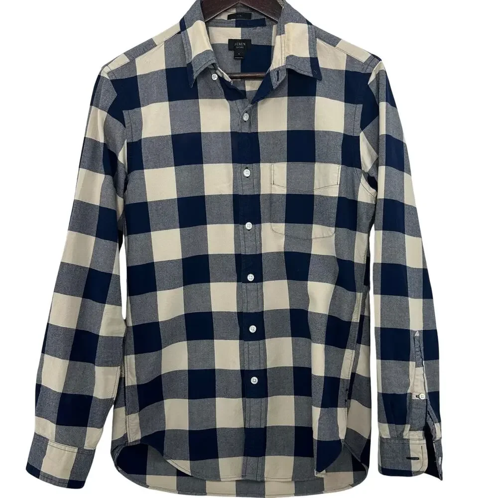 J.Crew Oxford Shirt Mens S Slim Fit Blue Tan Buffalo Plaid Cotton Button Up